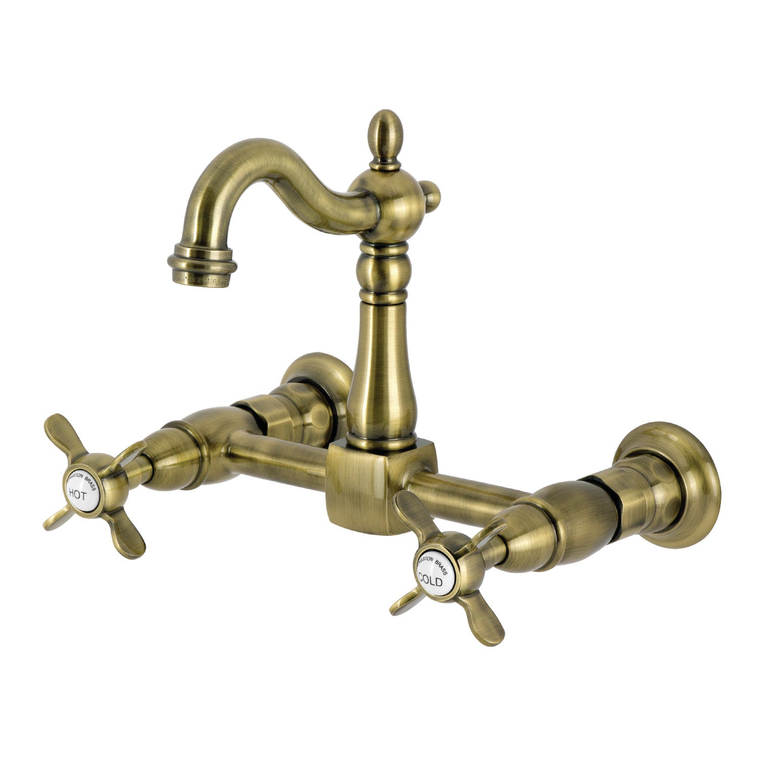 Kingston Heirloom KS2443BEX - Essex Two-Handle 2-Hole Wall Mount Bridge Kitchen Faucet, Antique Brass — image 1